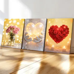 3-Piece Wood Frame Canvas, Set, Modern Floral Heart Decorative Posters, Waterproof Art for Living Room, Bedroom, Office, Hallway