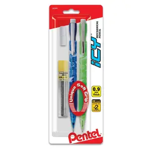 ICY Mechanical Pencil, 0.9mm, Assorted Barrels with Lead and 2 Eraser Refills 2-Pk