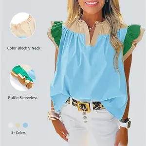 Imily Bela Women's Color Block V Neck Ruffle Sleeveless Cotton Tunic Top Casual Summer Loose Fit Blouse