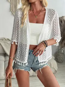 Women's Solid Color Fitted Tassel Trim Hollow Out Cardigan Tops, Casual Open Front Knitting Knitwear for Summer, Fashion Women's Knit Clothing for Daily Wear Womenswear, Lightweight Knit Sweater, Knitted Mesh Breathable