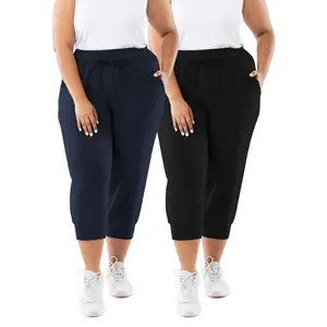 2 Pcs Plus Size Women's Stretchy Capri Joggers - Black, Drawstring Waist, Side Pockets, Elastic Ankle, Mid-Calf Length, Comfortable, Machine Washable for Spring/Summer/Fall
