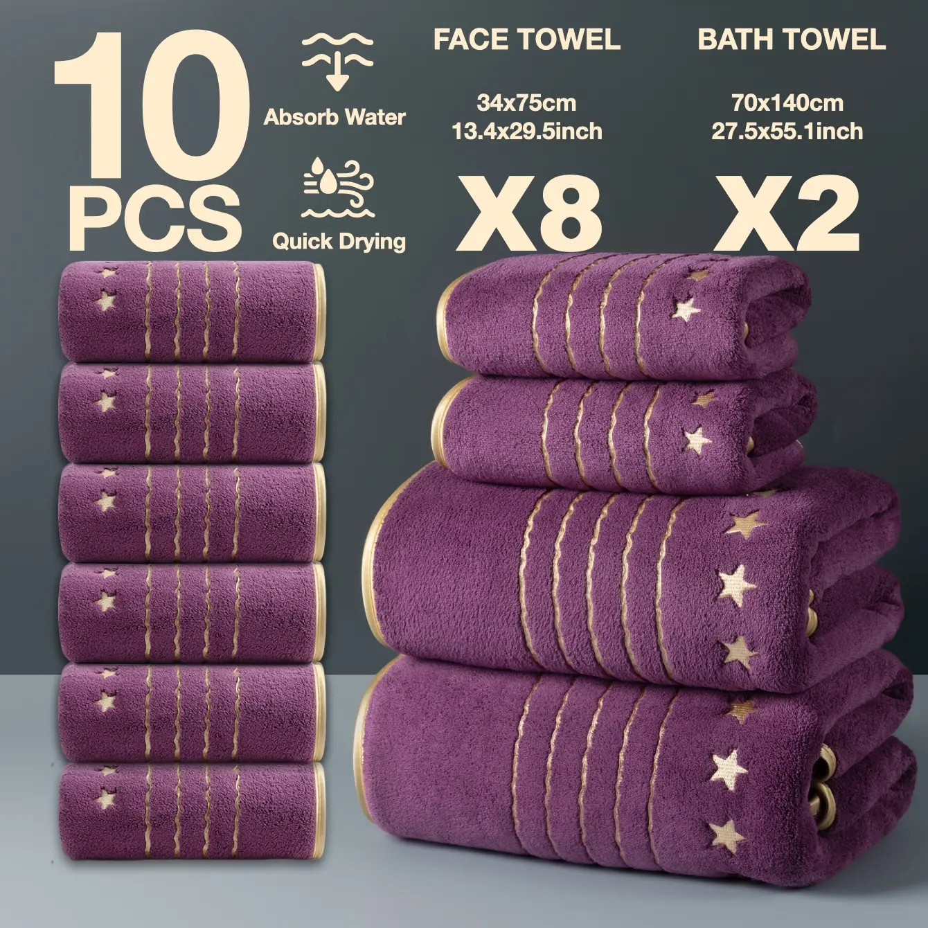 Luxury Gold Thread Embroidered Bathroom Towel Set, Towel Sets For Bathroom, Quick Drying Towel, 10 Pieces, 2 Bath Towels 140x70cm + 8 Hand Towels 74x34cm, Quick-Dry Absorbent Microfiber