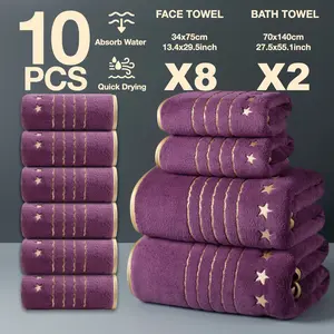 Luxury Gold Thread Embroidered Towel Set, Quick Drying Towel, 10 Pieces, 2 Bath Towels 140x70cm + 8 Hand Towels 74x34cm, Quick-Dry Absorbent Microfiber
