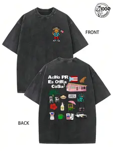 Vintage Puerto Rico "AcHo PR Es Otra Cosa!" Boricua Coqui Frog Washed Black T-Shirt, Oversized Cotton Tee with Iconic PR Symbols, Front & Back Print Puerto Rican Pride Casual Crewneck