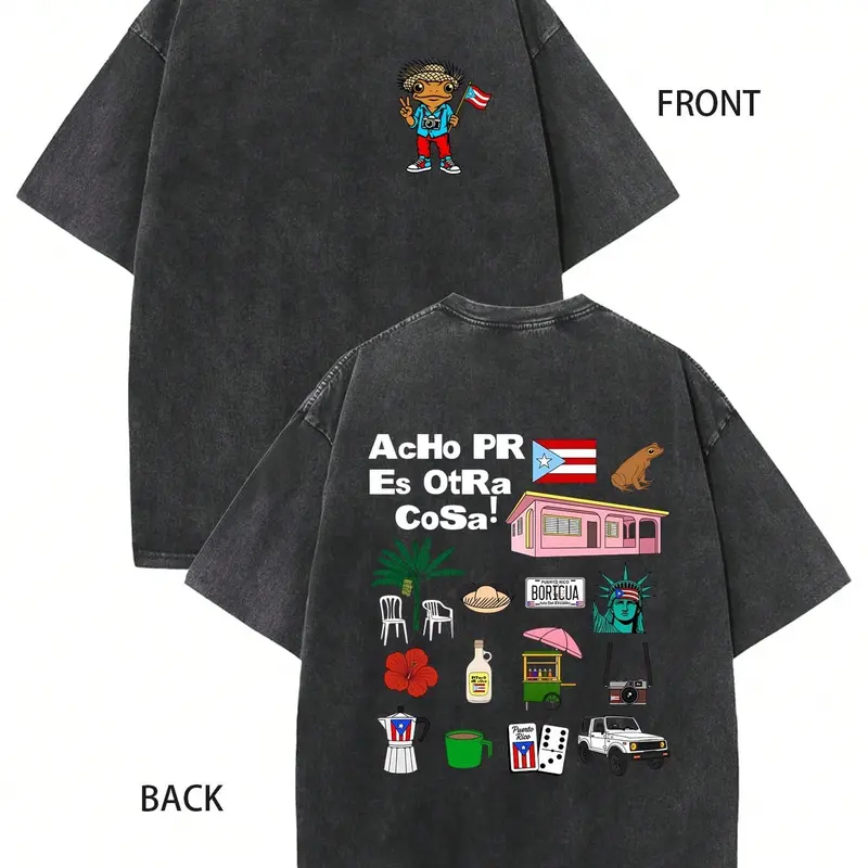 Vintage Puerto Rico "AcHo PR Es Otra Cosa!" Boricua Coqui Frog Washed Black T-Shirt, Oversized Cotton Tee with Iconic PR Symbols, Front & Back Print Puerto Rican Pride Casual Crewneck