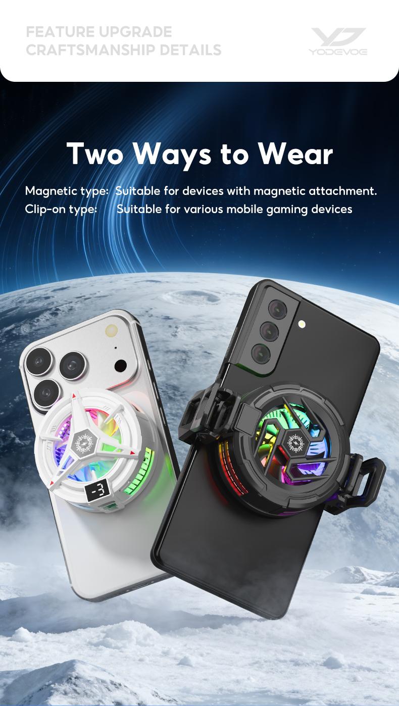 Yodevoe is a portable phone cooler featuring 15W fast cooling and AI intelligent cooling, capable of rapidly reducing phone temperature within 15 seconds. It also offers 100 adjustable cooling modes and three-color ambient lighting effects.