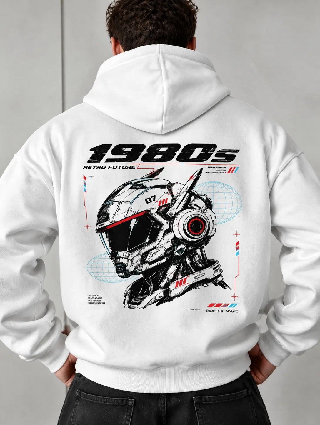 Men's Cotton Blend Loose-Fit Hoodie, 1980s Futuristic Retro-Future Robot Helmet Back Print, Multi-Size Options for Fall Winter Daily Street-Style Outfits Comfort Halo Fleece men's hoodies Warm Taupe men's hoodies
