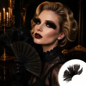 Dorisue Black Petal Fan Feather Eyelashes Gothic — [12-HR SWEATPROOF] Dramatic False Lashes for Dark Weddings, Cosplay, Burlesque