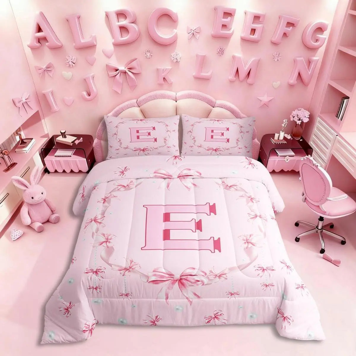 Initial Letter E Comforter Set Dreamy Princess Style Kawaii Bedding Set Women,Monogram E Bowknot Bedding Comforter Sets Pink Butterfly Knot Bed Set