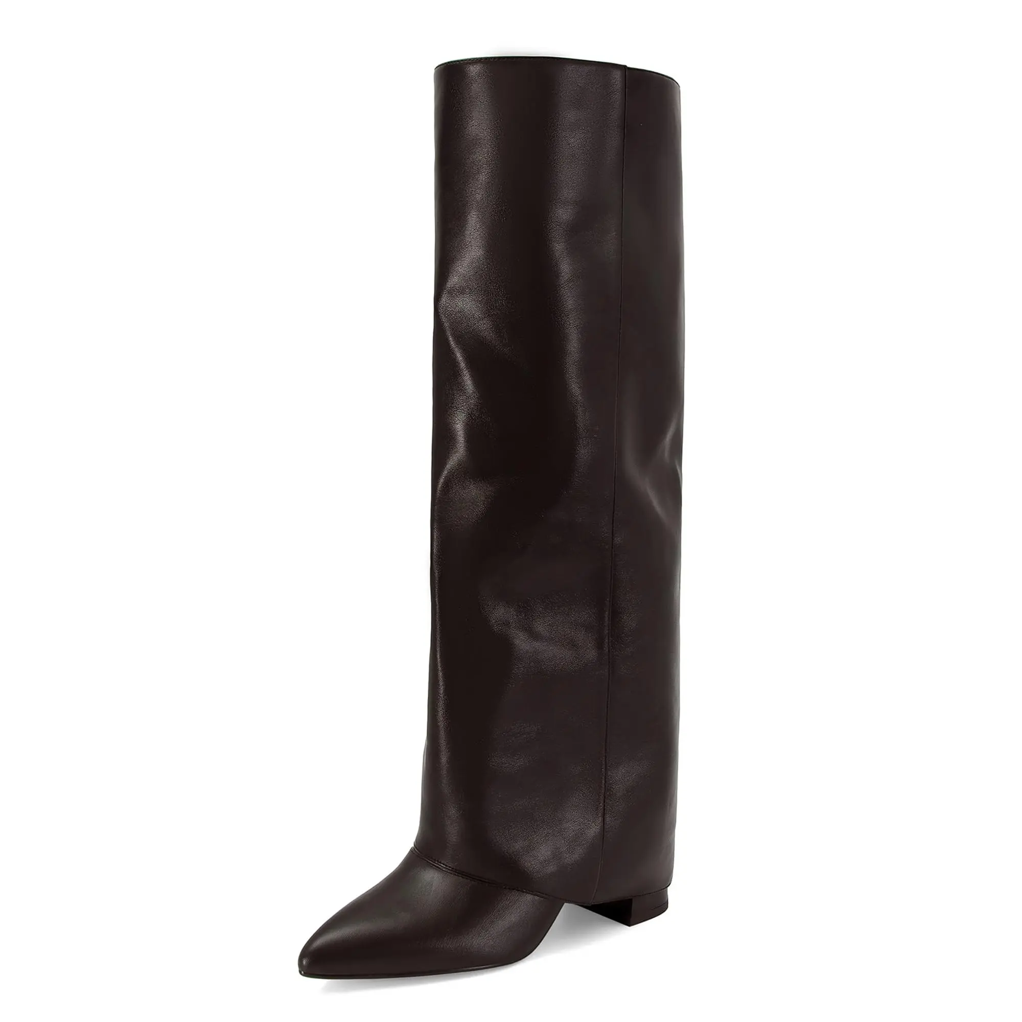 Women's SOVANYOU Leather Knee High Boots - Fold Over, Chunky High Heel, Pull On, Pointed Toe, Tall Dress Shoe for Going Out - Women's Footwear