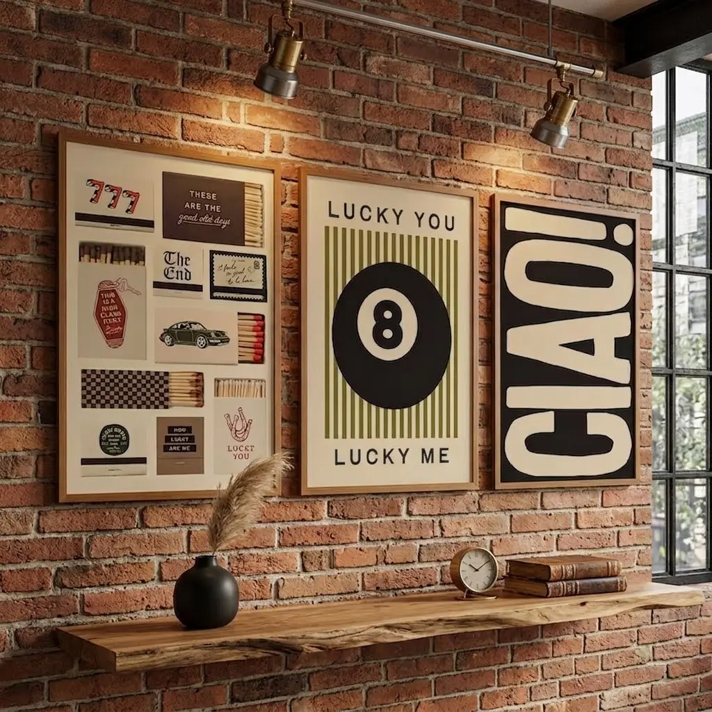 Trendy Poster Set of 3 Prints Unframed: 8 Ball Print, Lucky You Lucky Me, Matchbox Prints, Ciao, Dopamine Decor Bundle