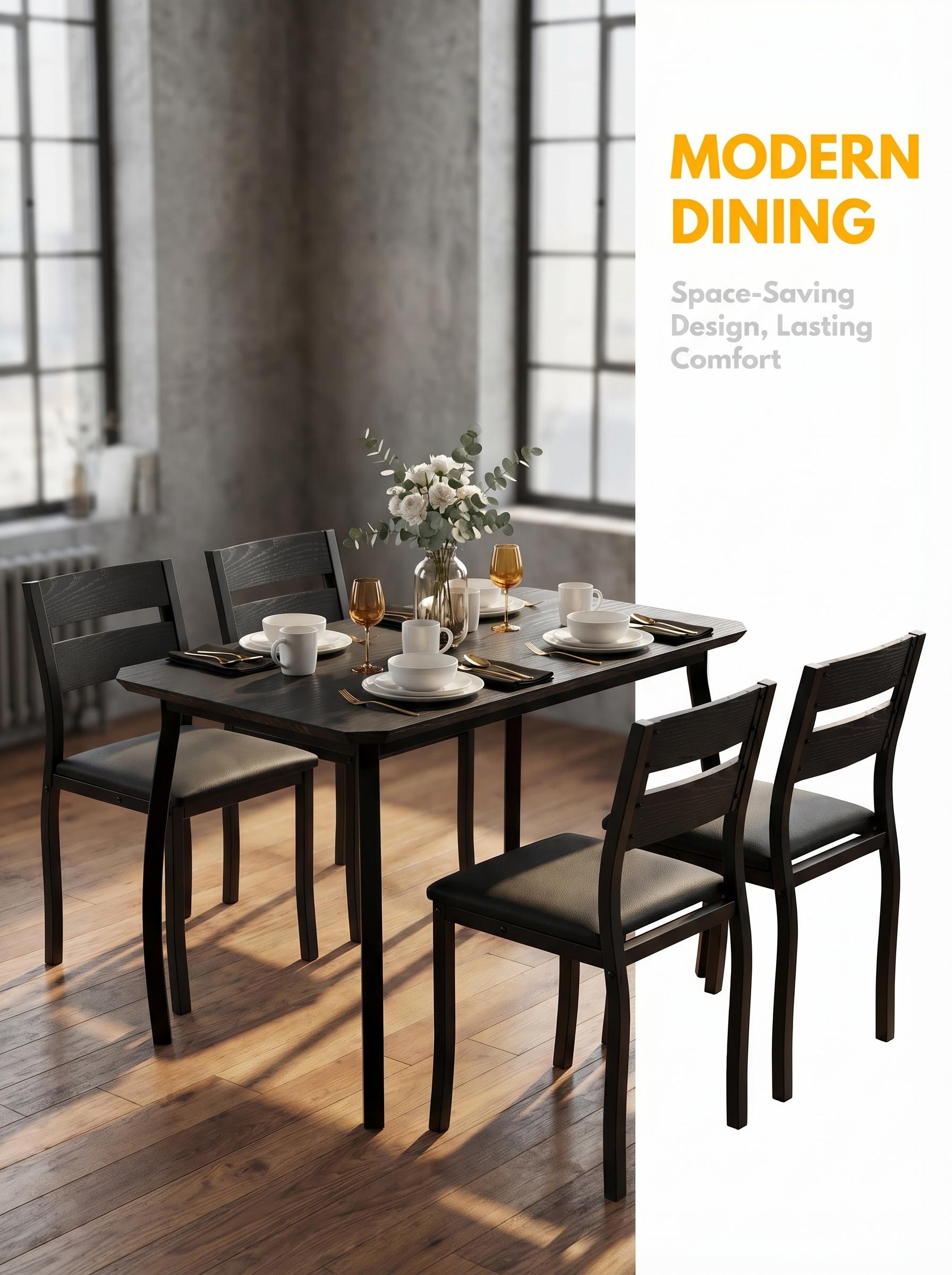 YJ-Garvee 5-piece dining set for 4 people featuring a wooden table (110 x 70 x 76 cm) and 4 padded chairs with beveled edges, designed for small spaces and modern dining areas in natural finish YJ-Garvee 5-piece dining set for 4 people featuring a wooden table (110 x 70 x 76 cm) and 4 padded chairs with beveled edges, designed for small spaces and modern dining areas in natural finish