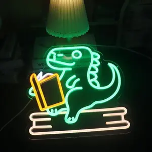 Reading Dinosaur Design Neon Sign, USB Plug Powered LED Luminous Wall Mounted Neon Light, Decoration Lamp for Bookstores, Libraries, Classrooms