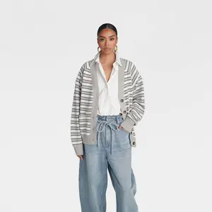 KBB by KAHLANA Women's 'The Grandpa Cardi Sweater' - Gray Striped L