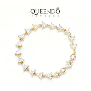 QUEENDO 5A Zircon Triangle Cut Tennis Bracelet | Gold-Plated Full-Paved Chain for Women Dating & Parties