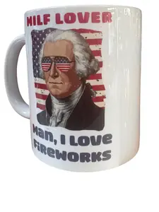Coffee Mug, White Ceramic, 11 oz, Patriotic American Flag Design, Man I Love Fireworks