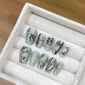 Y1 Chinese-style Black Bamboo Pure Handcrafted Detachable Nail Tips - Whitening, Reusable Press-On Nail, Easy to Remove, Versatile Design french tip nail Handmade Coffin Almond Press-On Nail Kit, French Tip Nails, Acrylic Nails