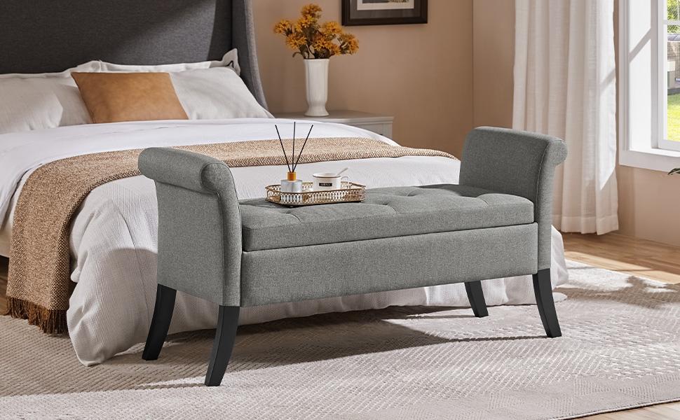 Yaheetech 52in Storage Bench Ottoman Bench Tufted Entryway Bench with Rolled Armrests Footstool with Large Storage, Fabric/Faux Leather