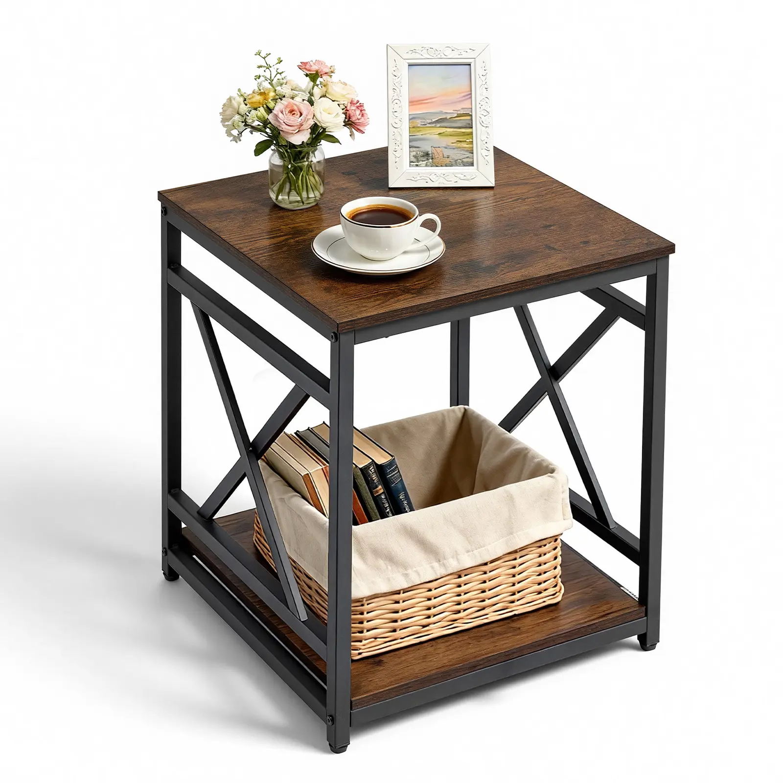 VEVOR End Table, 2-Tier Square Side Table with Open Storage Shelves, Modern Nightstand Bedside Desk with X-Design Metal Frame, Wood Sofa Coffee Desk for Living Room, Bedroom, Office, Dorm, Brown