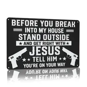 Funny Metal Tin Wall Decor Sign, “Stand Outside & Get Right With Jesus” Patriotic Gun Rights Design, Matte Rustic Farmhouse Wall Art for Home Garage Man Cave, Palette&Wall, 8×12 Inch