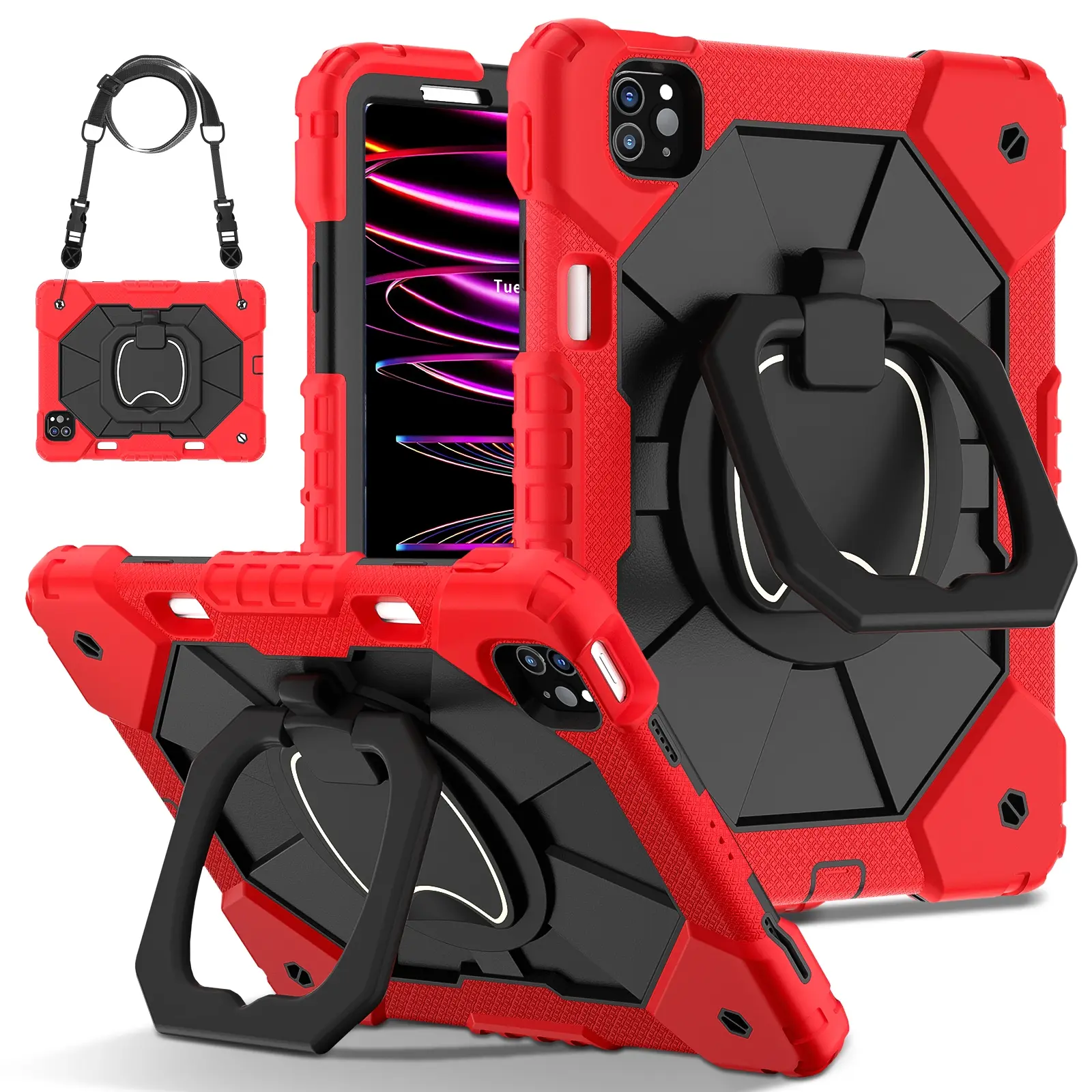 Tablet Casing for iPad (A16) 11th Generation 11" 2025,Compatible with iPad Pro (M5) 2025 13 inch / iPad Mini, Drop-Proof Silicone Cover with Shoulder Strap, Rotating Stand - Red+Black, Ipad Accessories