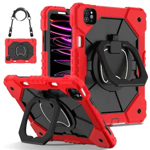 Case & Tablet Casing for iPad (A16) 11th Generation 11" 2025,Compatible with iPad Pro (M5) 2025 13 inch / iPad Air M4 2026/ iPad Mini - Military-Grade Drop-Proof Silicone Cover with Shoulder Strap, Rotating Stand - Red+Black