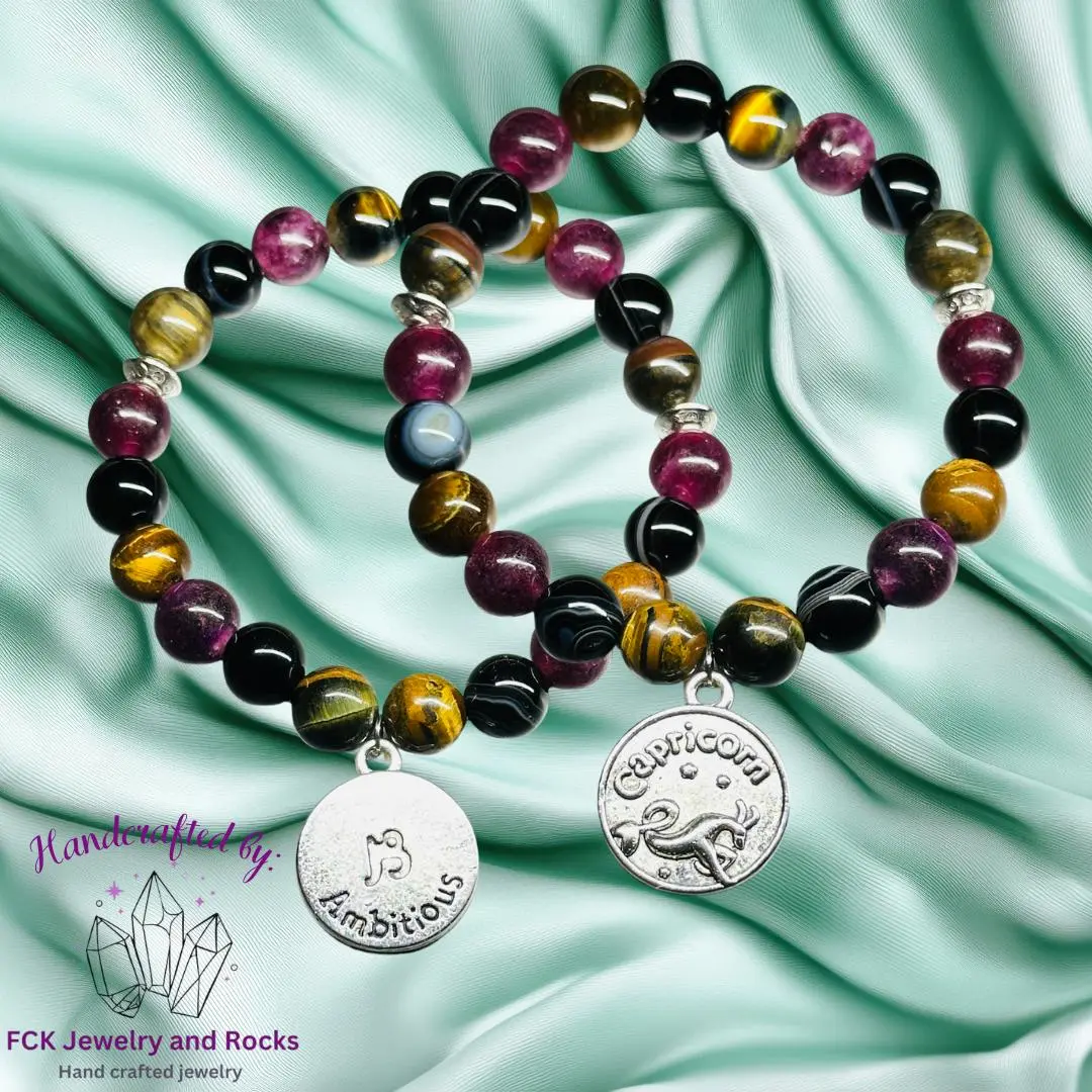 Unisex Handmade Capricorn Crystal Bracelet - Garnet, Protective Tiger’s Eye, Resilience-Boosting Stabilizing Black Onyx Crystals, Focus-Enhancing Natural Beads, Ambition Symbol for Daily Wear Adults