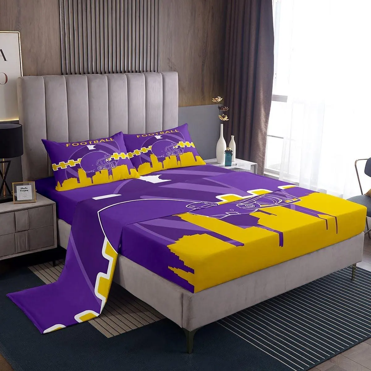 Football Bed Sheets Set for Boys,Football Bedding,Rugby City Bed Setsports Flat Fitted Sheet,Orange Purple