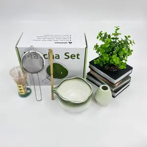 Matcha Tea Set, Matcha Whisk Set, Pure Natural Bamboo Spoon and Ceramic Bowl with Spout, Complete 5-Piece Matcha Whisk and Bowl Set, Matcha Kit Set