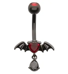 Black PVD Bat Red Heart Dangle CZ Stainless Steel Belly Button Ring