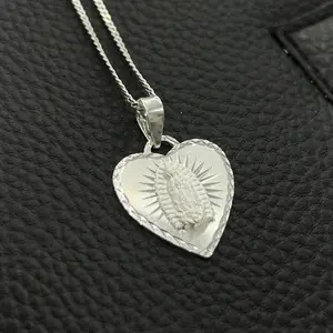 Womens Heart Virgin of Guadalupe Necklace - Virgen de Guadalupe Charm Pendant - Curb Link Chain 20" - Elegant Fashion Stylish Gifts for Everyday Wear