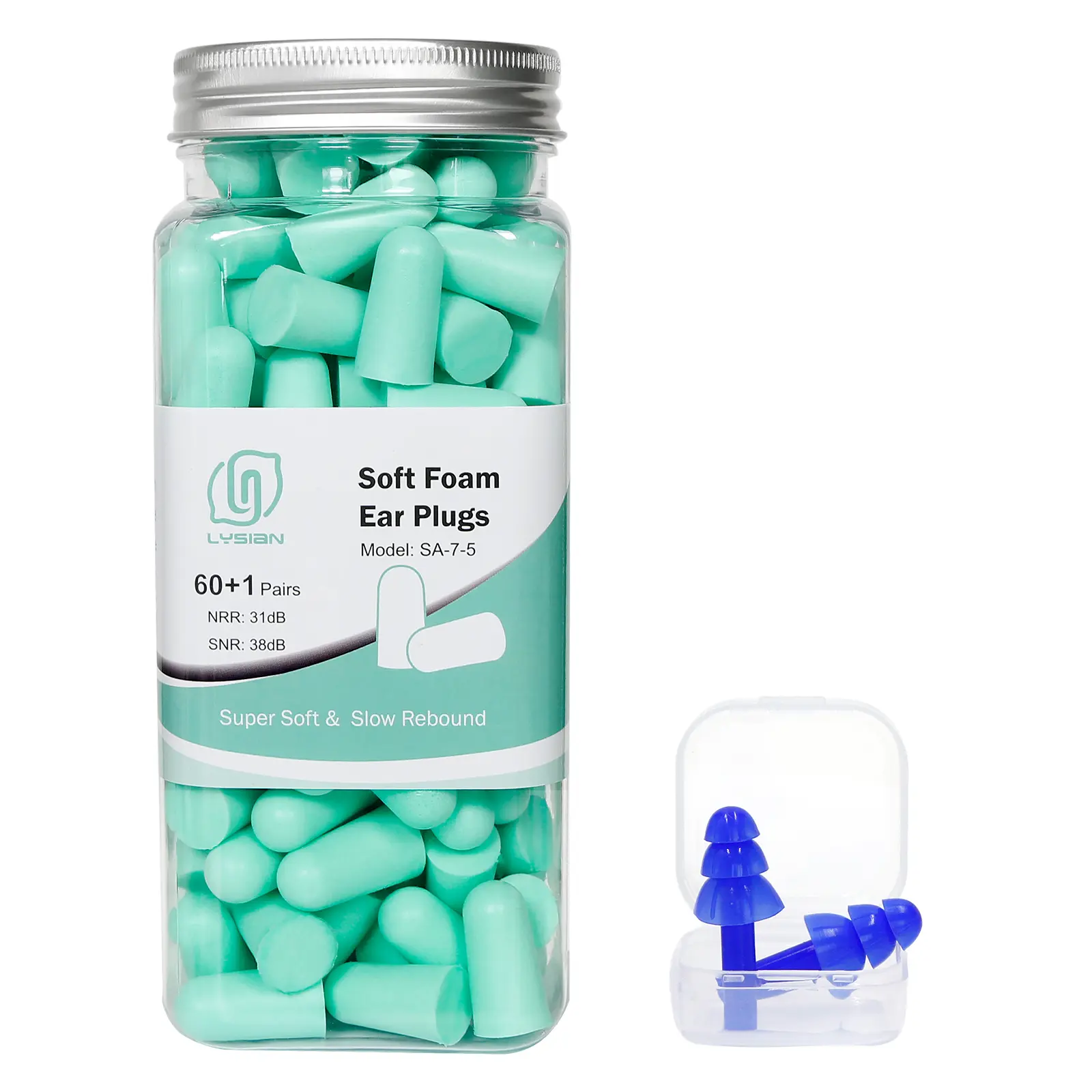 LYSIAN Ear Plugs, 60 Pairs Slow Rebound Soft Foam for High Noise Reduction, 38dB SNR Latex-Free Hearing Protection for Adults Sleeping & Work, No, Silicone
