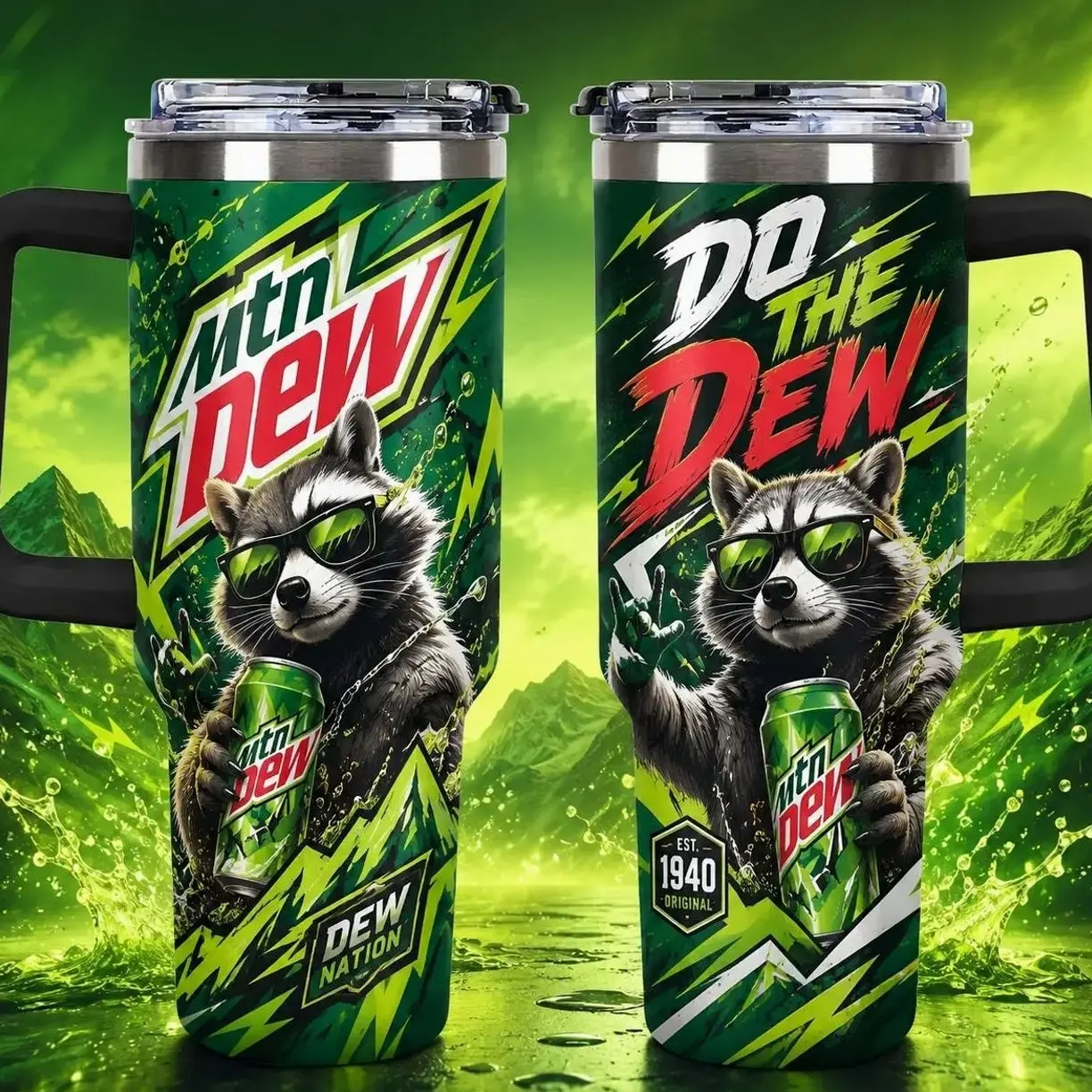 Mountain Dew Tumbler Raccoon Graphic Green Handle Mug Do The Dew Insulated Cup