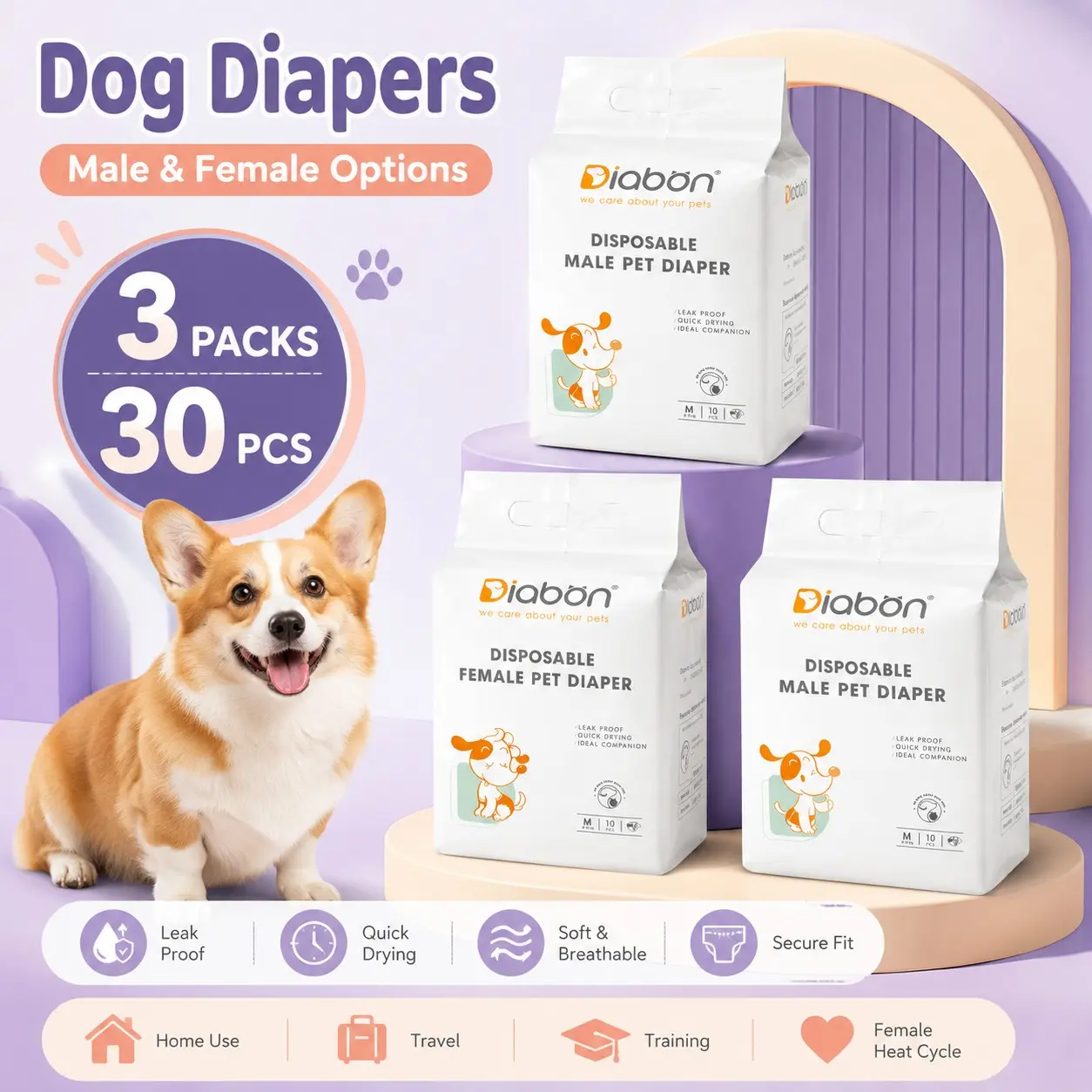 Diabon Pet Dog Diapers, 3 Packs Total 30 Sheets, Male & Female Dog, Instant Absorbent, Comfortable, S-Xl Size, Suitable for All Breeds and Scenarios, Puppy Diapers