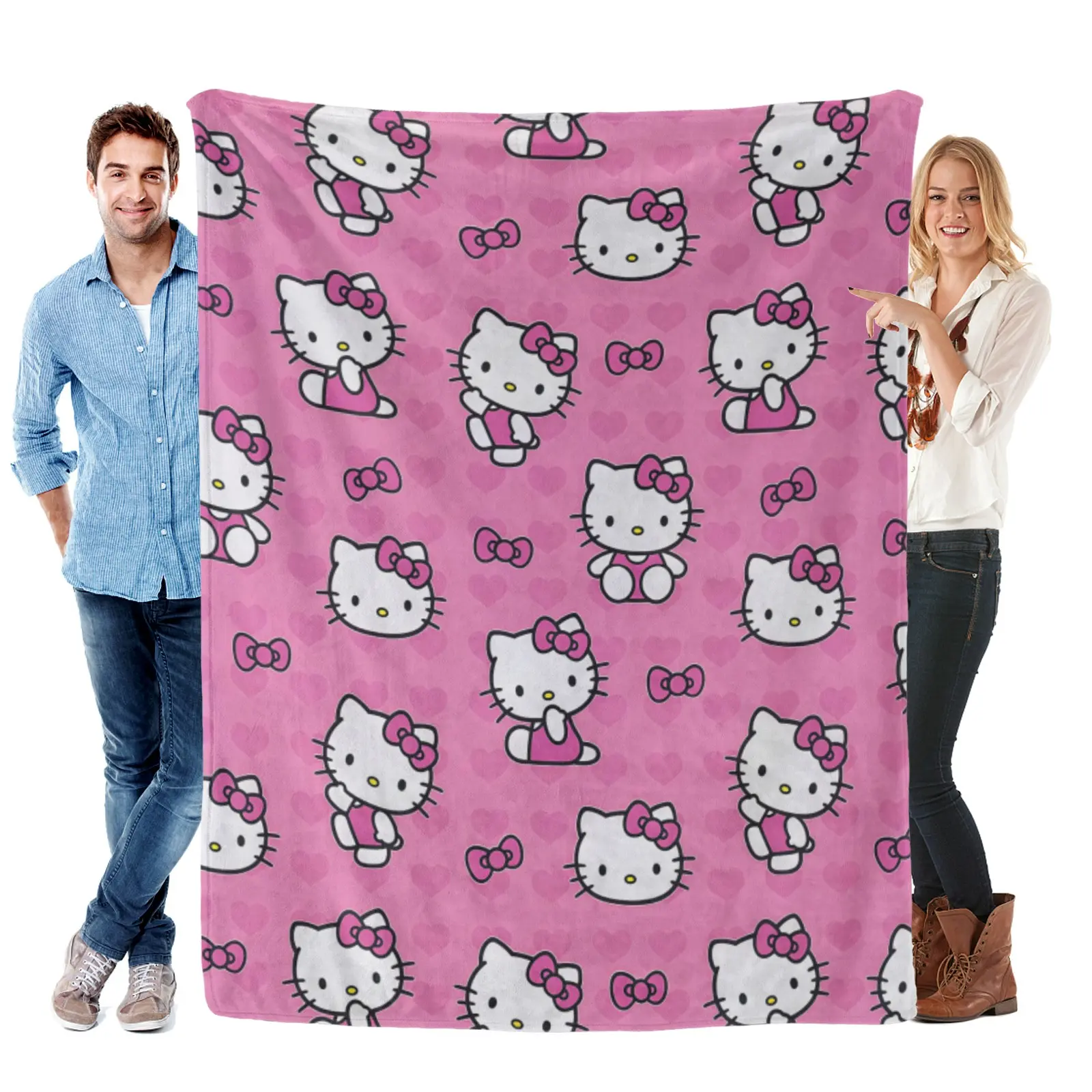 Hello Kitty Pink Heart Blanket, Sanrio Cute Kitty Bow Pattern Flannel Throw Blanket, Sweet Pink Cartoon Fleece Bedding, Kawaii Bedroom Decor for Girls Teens Gifts