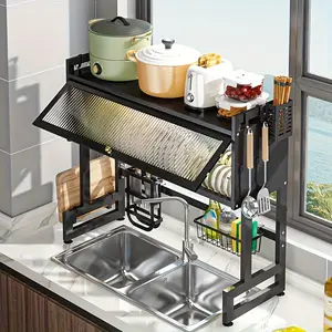 2024 Over The Sink Dish Dying Rack Dish Drying Rack Multifunctional Utensil Holder Dish Drainer with Knife Storage Chopsticks Tub, Space-Efficient Above-Sink Dish Rack with Protective Cover - Dry & Store Kitchenware Hygienically (Color : Black)