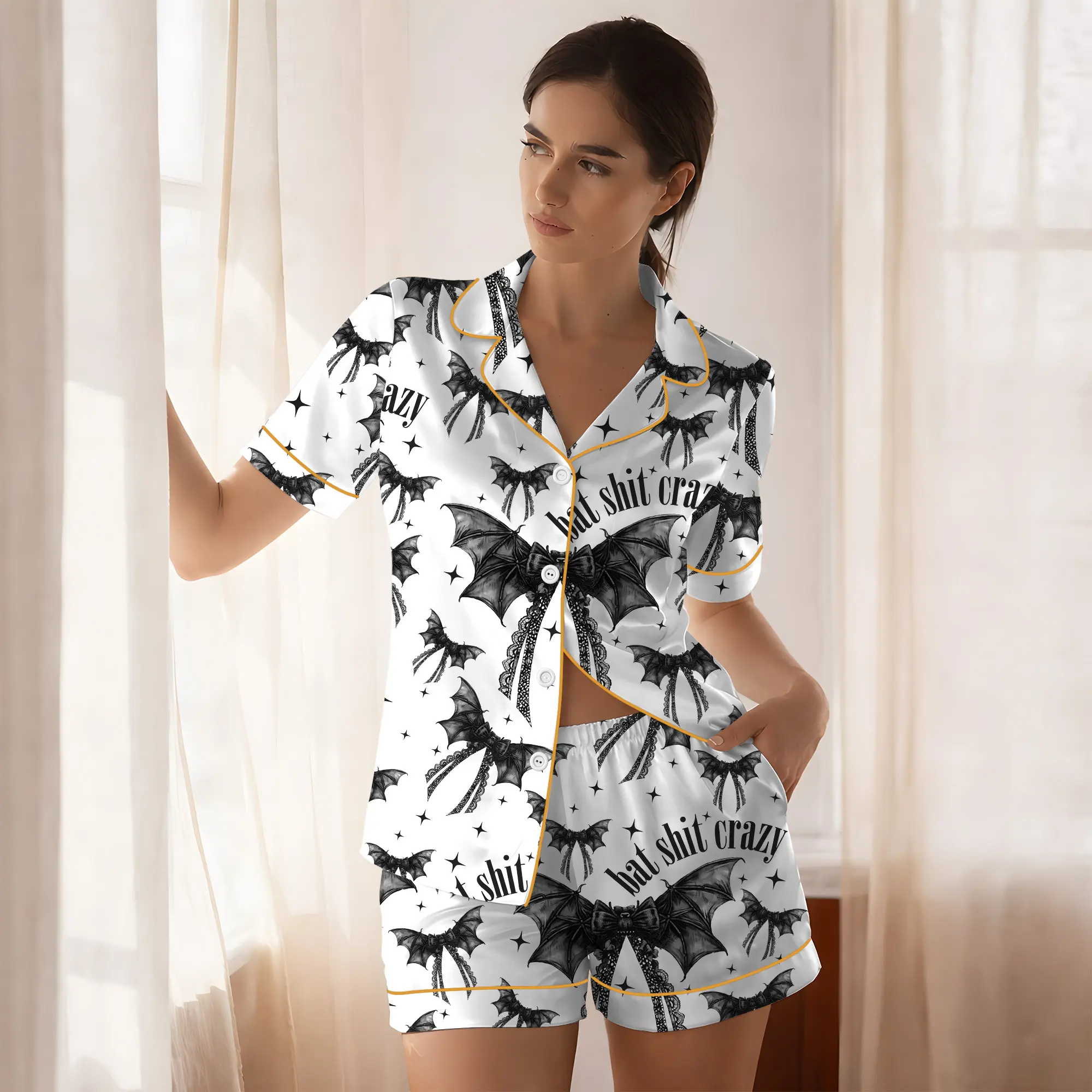 Bat Shit Crazy Gothic Coquette Bow Satin Pajama Set Adults, Halloween Print Pajamas Bat Gothic Coquette, Homewear Bow Black Gifts Women