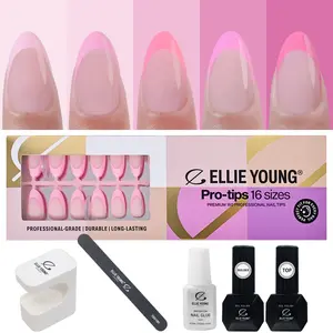 ELLIE YOUNG Pro-Tips Short Almond Pink Pastel French Tips, 160pc Press-On Nails Kit – 16 Sizes, Matte Gel Acrylic Look, Soft Gel DIY Extensions
