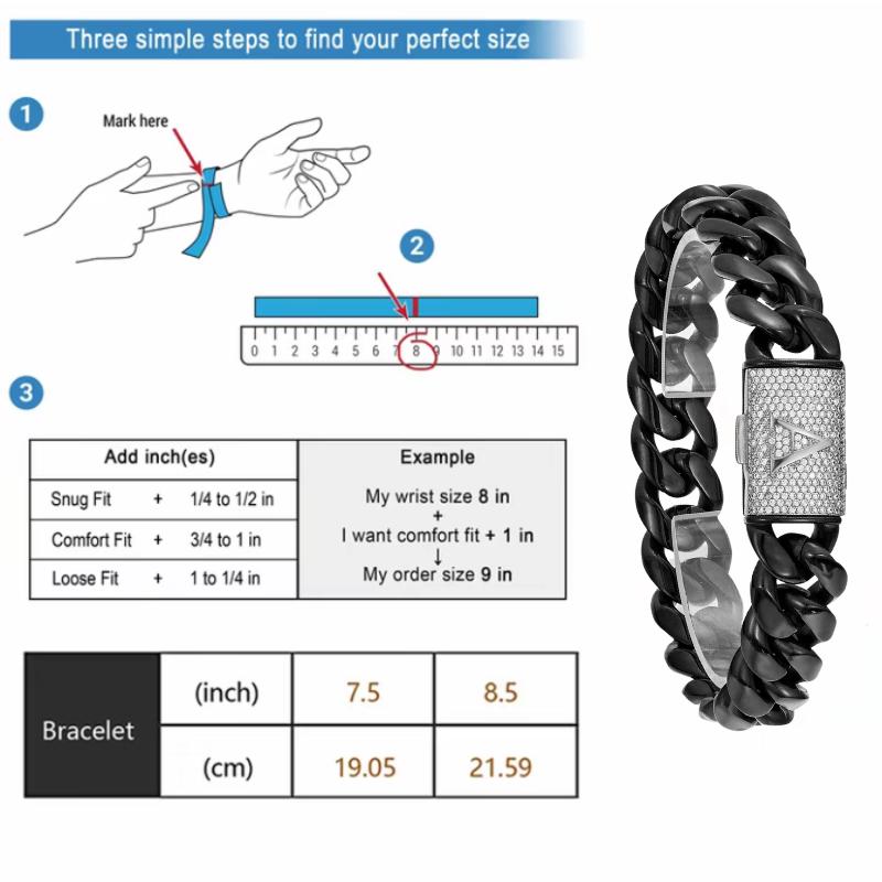 Black Stainless Steel Cuban Link Bracelet for Men, 14mm Heavy Chain with Silver A–Z Initial Clasp, Gothic Punk Hip Hop Style Personalized Statement Gift for Him