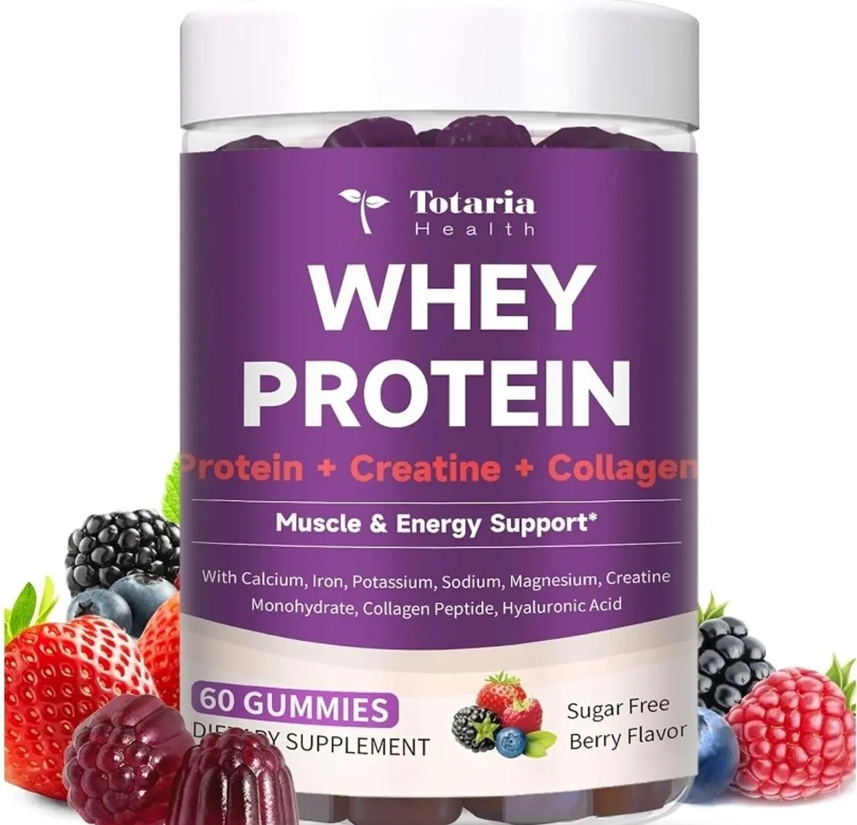 3 in 1 Whey Protein Gummies | Creatine Monohydrate | Collagen, 0 Sugar, Pure Protein Source, Muscle & Energy Support, Berry Flavor, for Women and Men