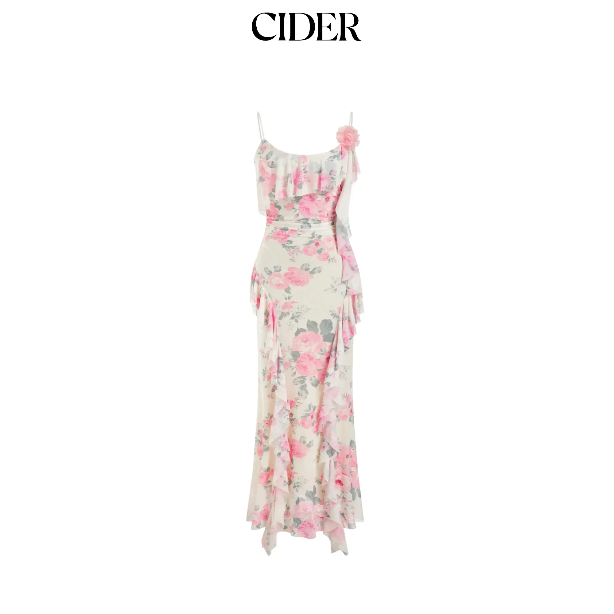 Cider Women's Sexy Floral Print Mesh Bodycon Maxi Dress, Sleeveless Spaghetti Straps, Ruffled Details, Semi-Sheer Clothes for Evening Party