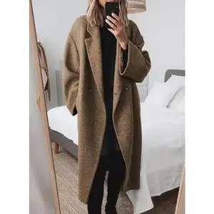 Women’s Winter Double-Breasted Faux Wool Coat, Long Sleeve, Notched Lapel, Long Trench Coat
