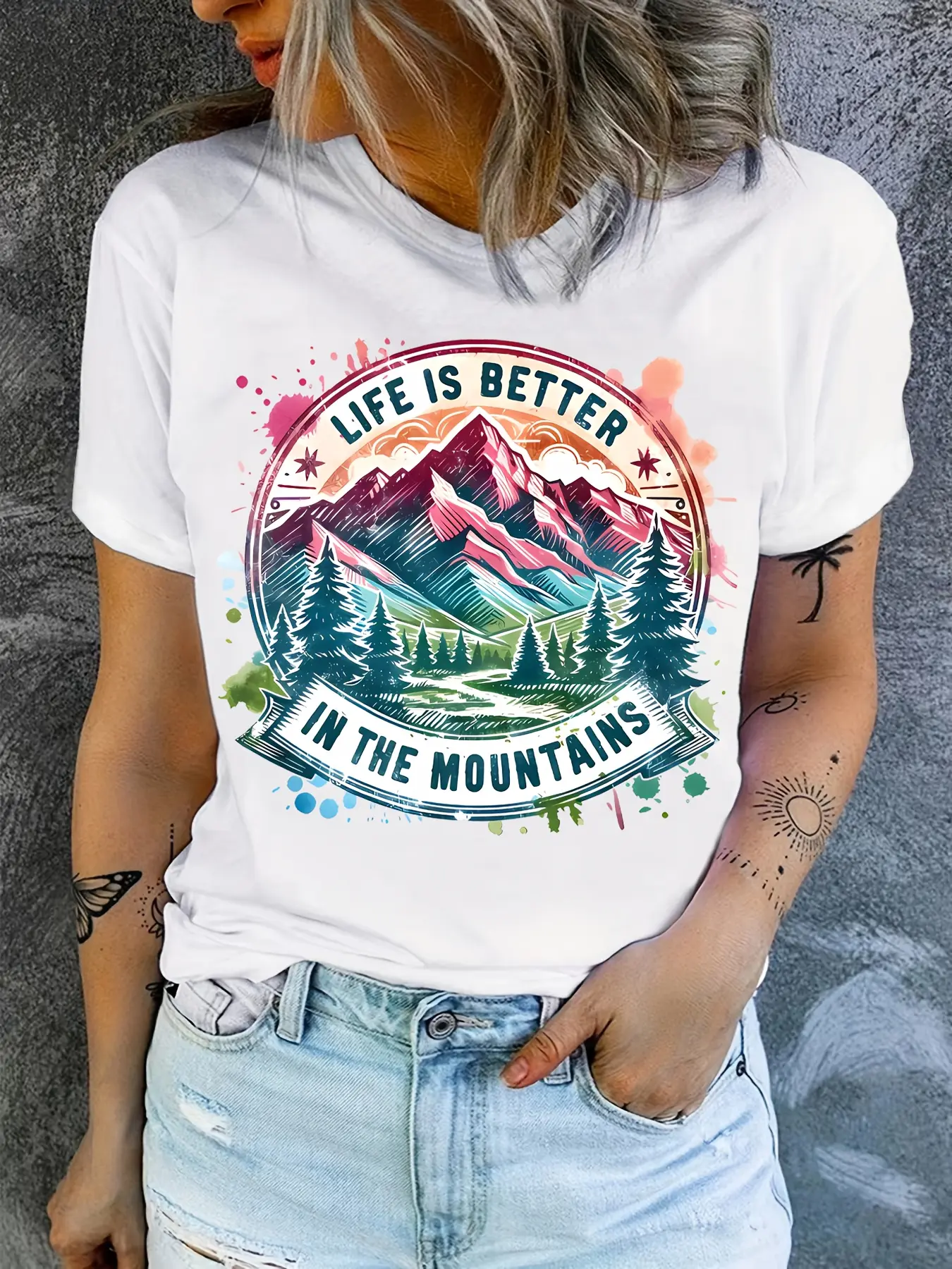 Women's Graphic T-Shirt with Geometric Mountain Print, Casual Short Sleeve Cotton Blend Top for Everyday Wear, Hiking & Camping, Tops, Comfortable, Shortsleeve, Day, Basic, Fabric, Thanksgiving