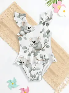 Adorable Girl's One-Piece Swimsuit with Cute Koala Design, Casual Slim-Fitting Jumpsuit, All over Print, Perfect for Summer