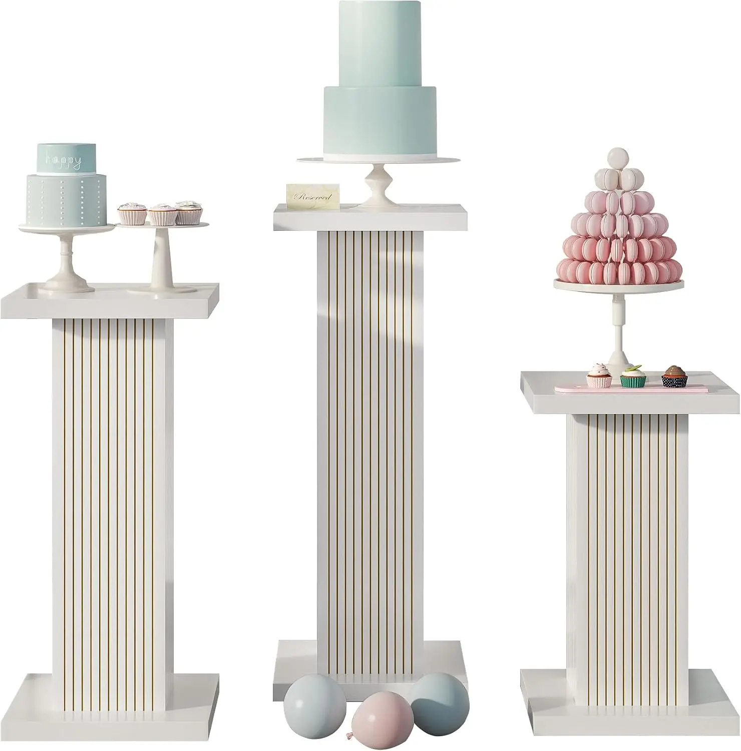 3PCS Square Pedestal Stand Set for Party Decor, Wood Display Plinth Stands for Wedding Birthday Baby Shower Events, Fluted Display Pillars for Dessert Table, Plant Stand, Home Decoration Display Stand