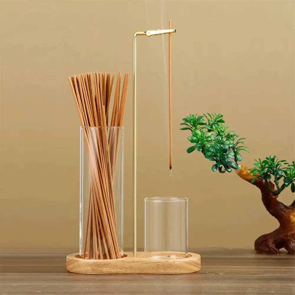 2-in-1 Wooden Incense & Candle Holder, multifunctional inverted incense diffuser with removable glass ash tray. Solid wood aroma burner, practical incense storage, stylish desktop decor for bedroom living room, nice fragrance gift