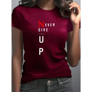 COD Calvin Women's "NEVER GIVE UP" Motivational Print T-Shirt - Black Casual Short Sleeve Round Neck Top, Machine Washable, Modern Women's Tee