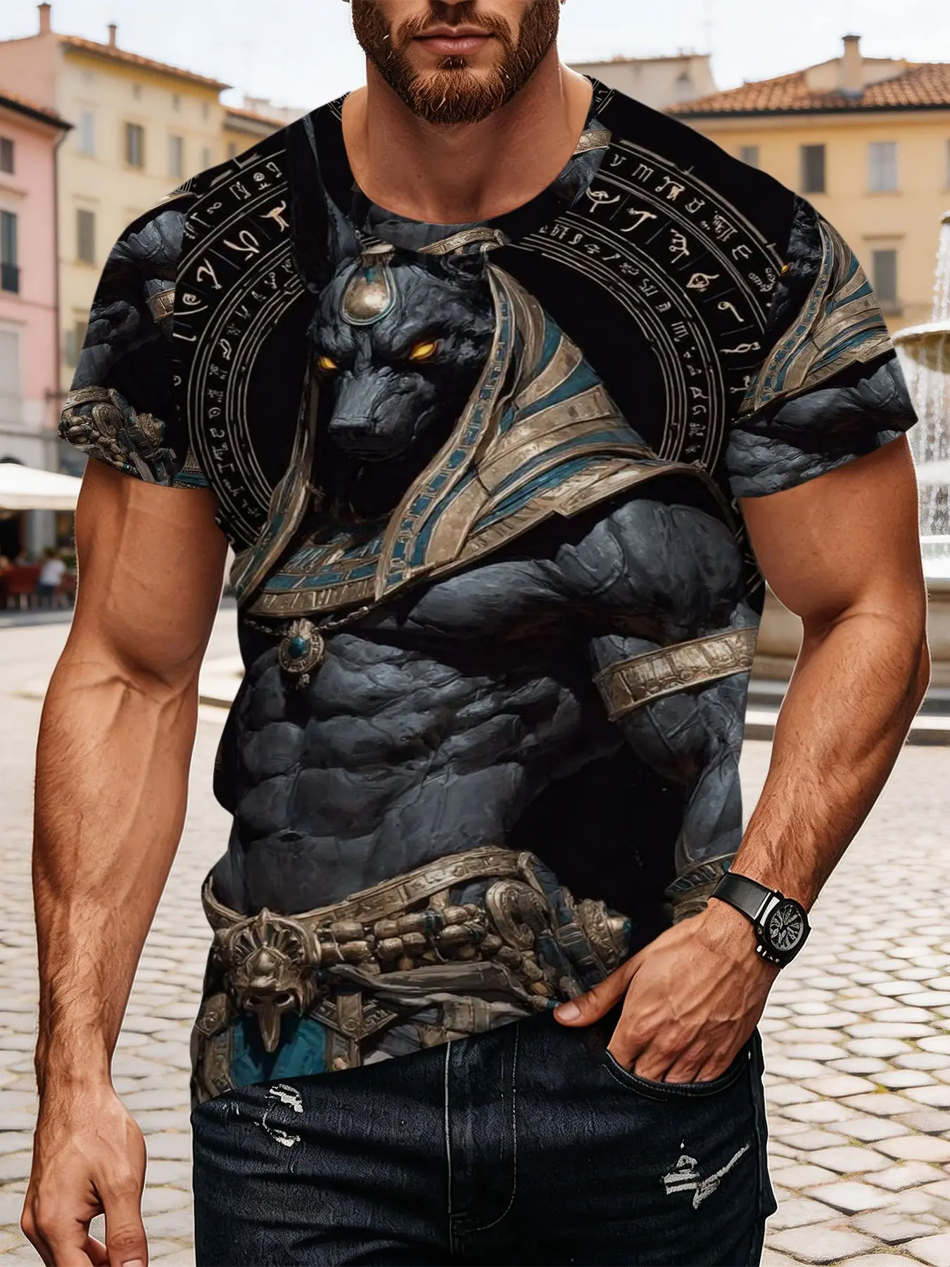 Men's Polyester Fitted T-Shirt Menswear Ancient Egyptian Anubis Graphic Tee, Mythical Wolf God Printed Casual Graphic Design Short Sleeve Casual Shirt Streetwear for All Seasons