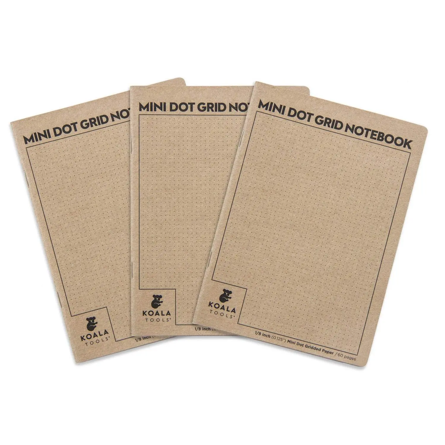 Koala Tools | Bullet Notebook - Mini Dot Grid Notebook (3 Pack) | 5" x 7", 60 pp. - Durable Kraft Cover with 1/8" Dotted Grid