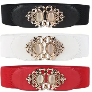 3Pcs/Set Elastic Waist Belt for Women,Vintage Wide Elastic Stretch Waist Belt for Dresses,Adjustable Belt with Golden Floral Accents,Ideal for Skirts,Outfits,Christmas Party Gifts,Hand Tools Kits